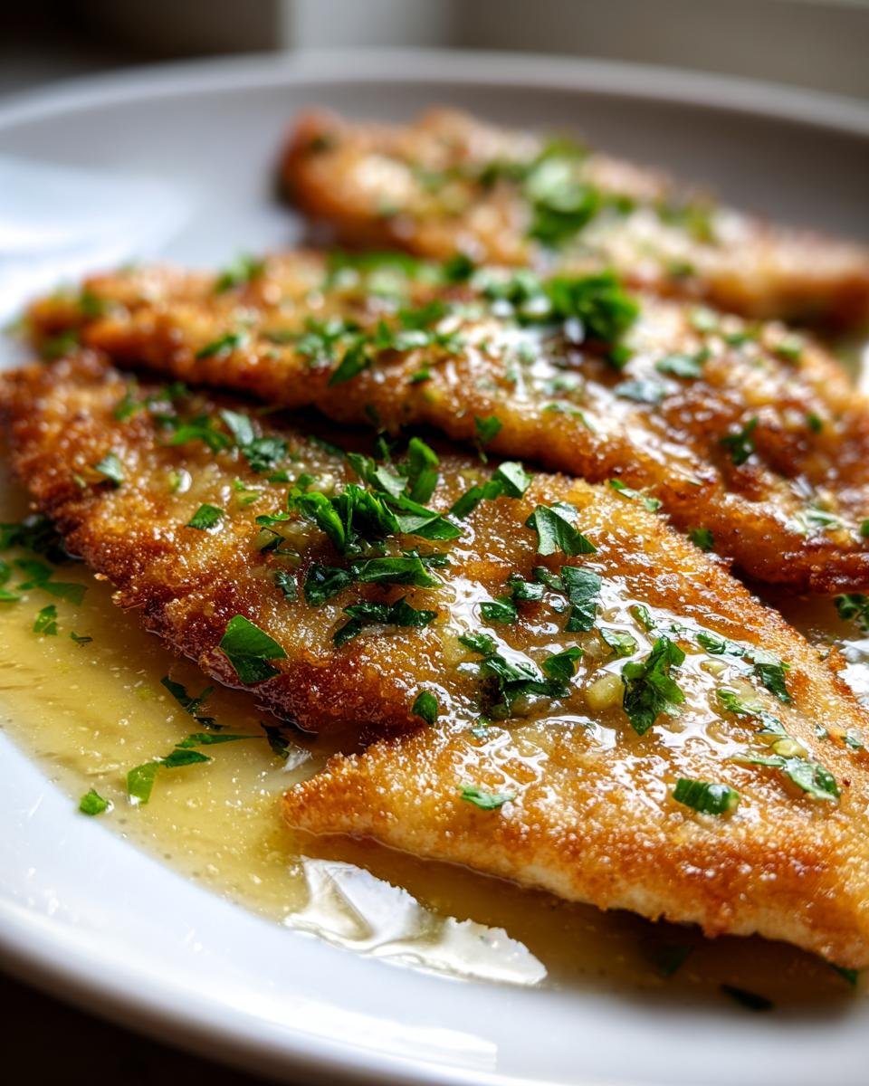 Close-up of three golden-brown Chicken Paillard cutlets served in a bright lemon butter sauce and topped with fresh parsley.