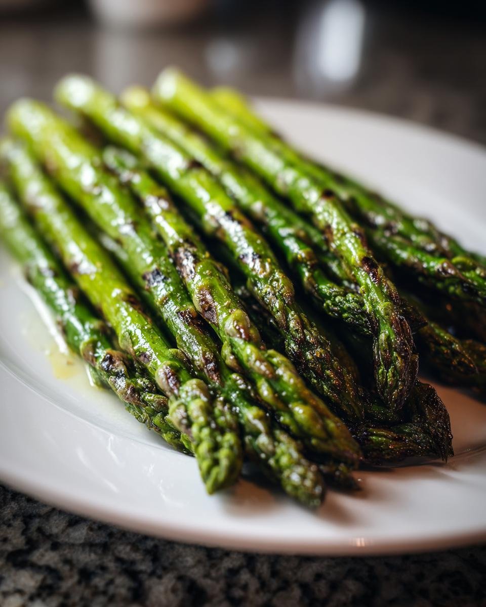 A close-up of bright green, slightly charred Grilled Asparagus spears resting on a white serving plate.