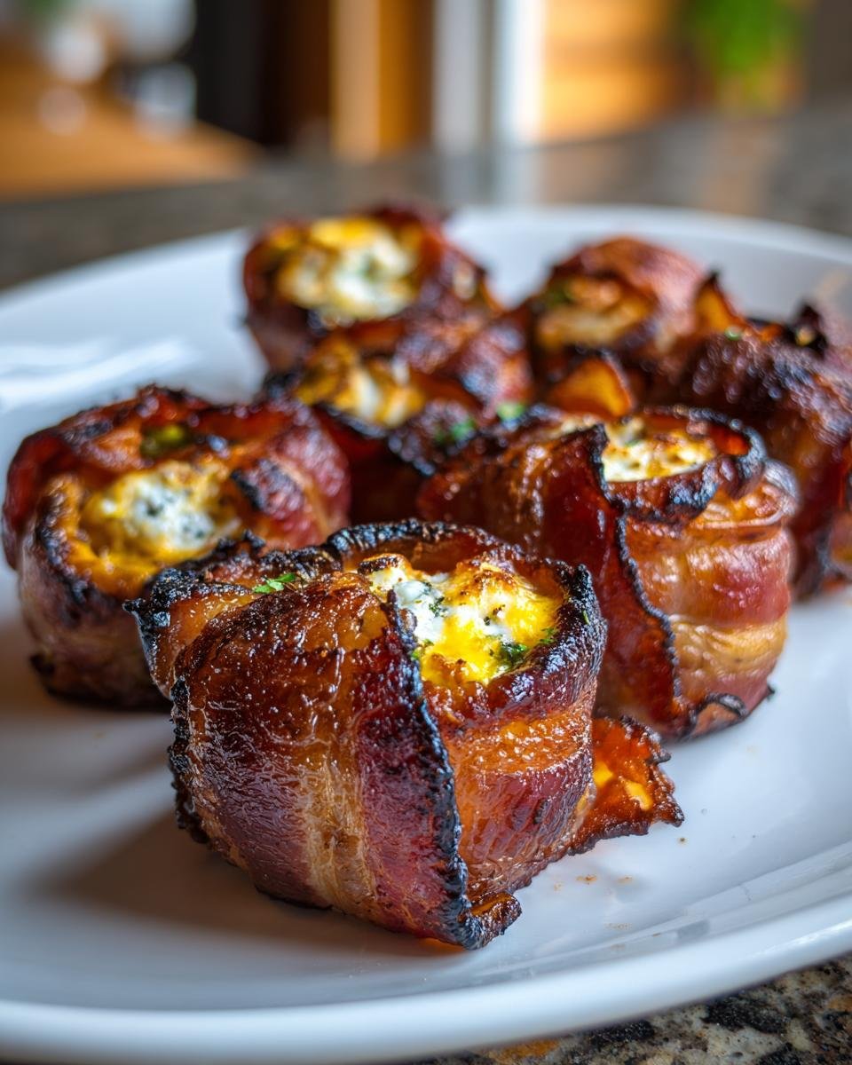 Close-up of several Grilled Bacon Wrapped Stuffed Mini Peppers, featuring crispy bacon and melted cheesy filling.