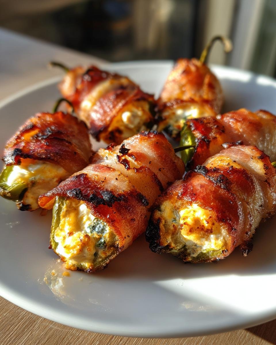 Six perfectly cooked Grilled Bacon Wrapped Stuffed Mini Peppers on a white plate, showing crispy bacon and creamy filling.