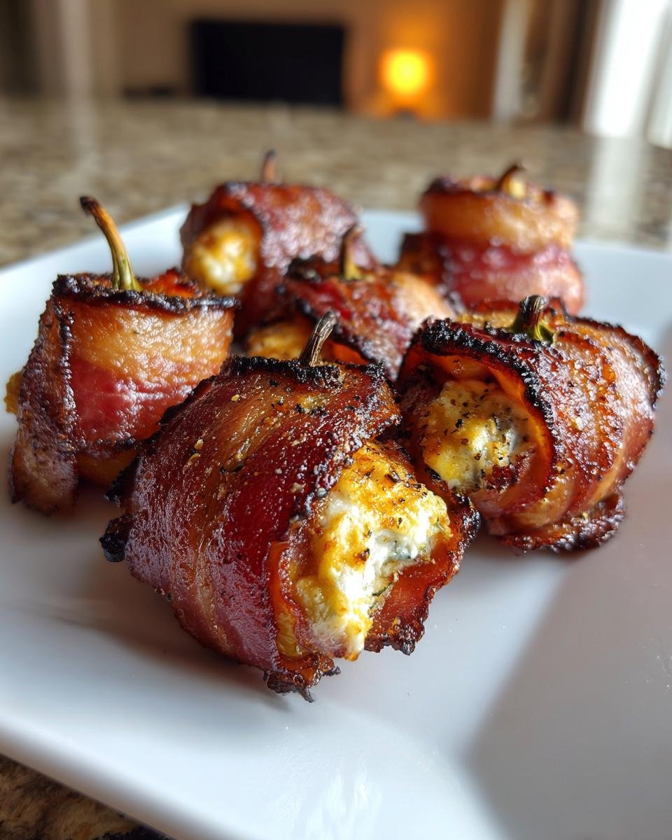 Close-up of several Grilled Bacon Wrapped Stuffed Mini Peppers, showing crispy bacon and creamy cheese filling.