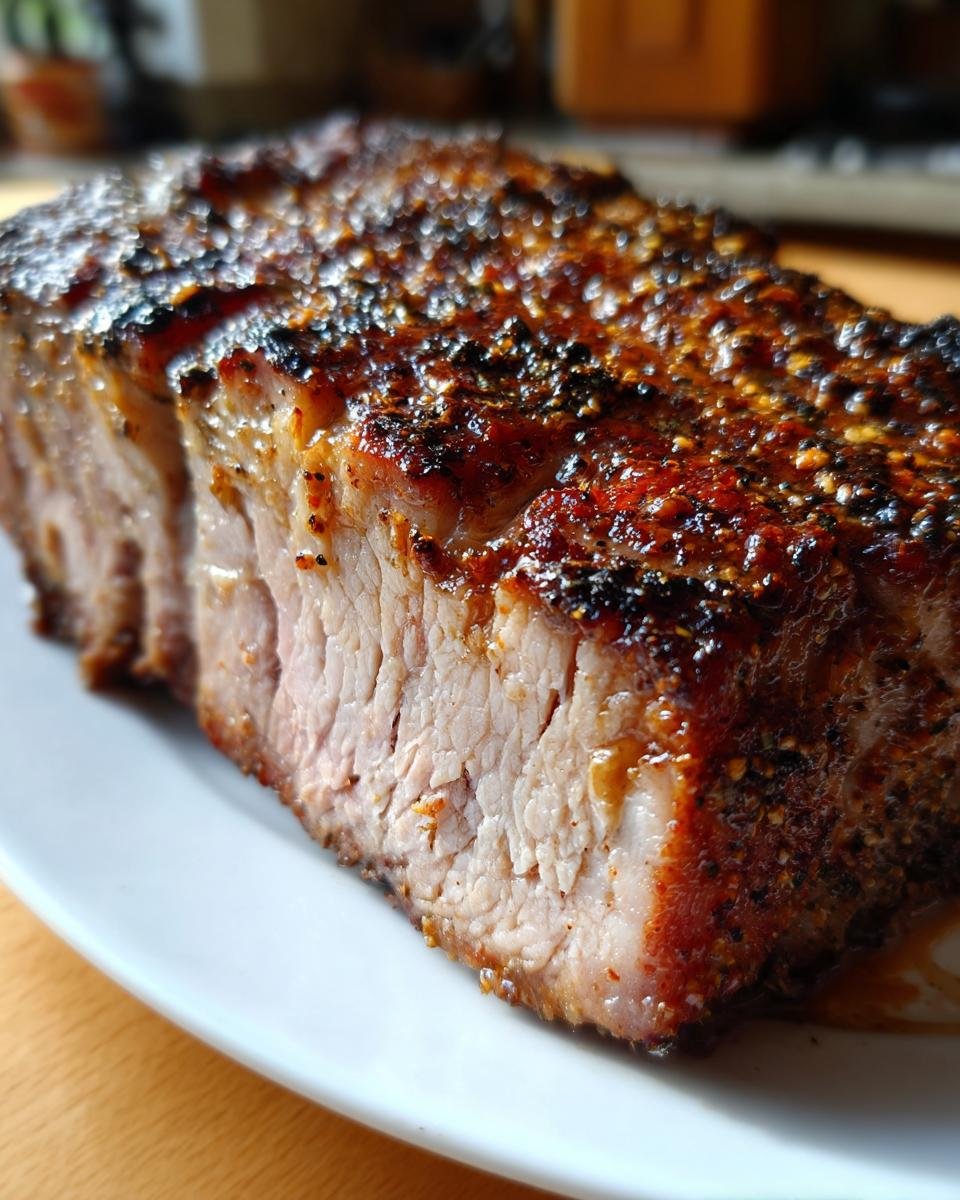 Close-up of a perfectly cooked Grilled Pork Roast slice showing a seasoned, dark crust and moist interior.
