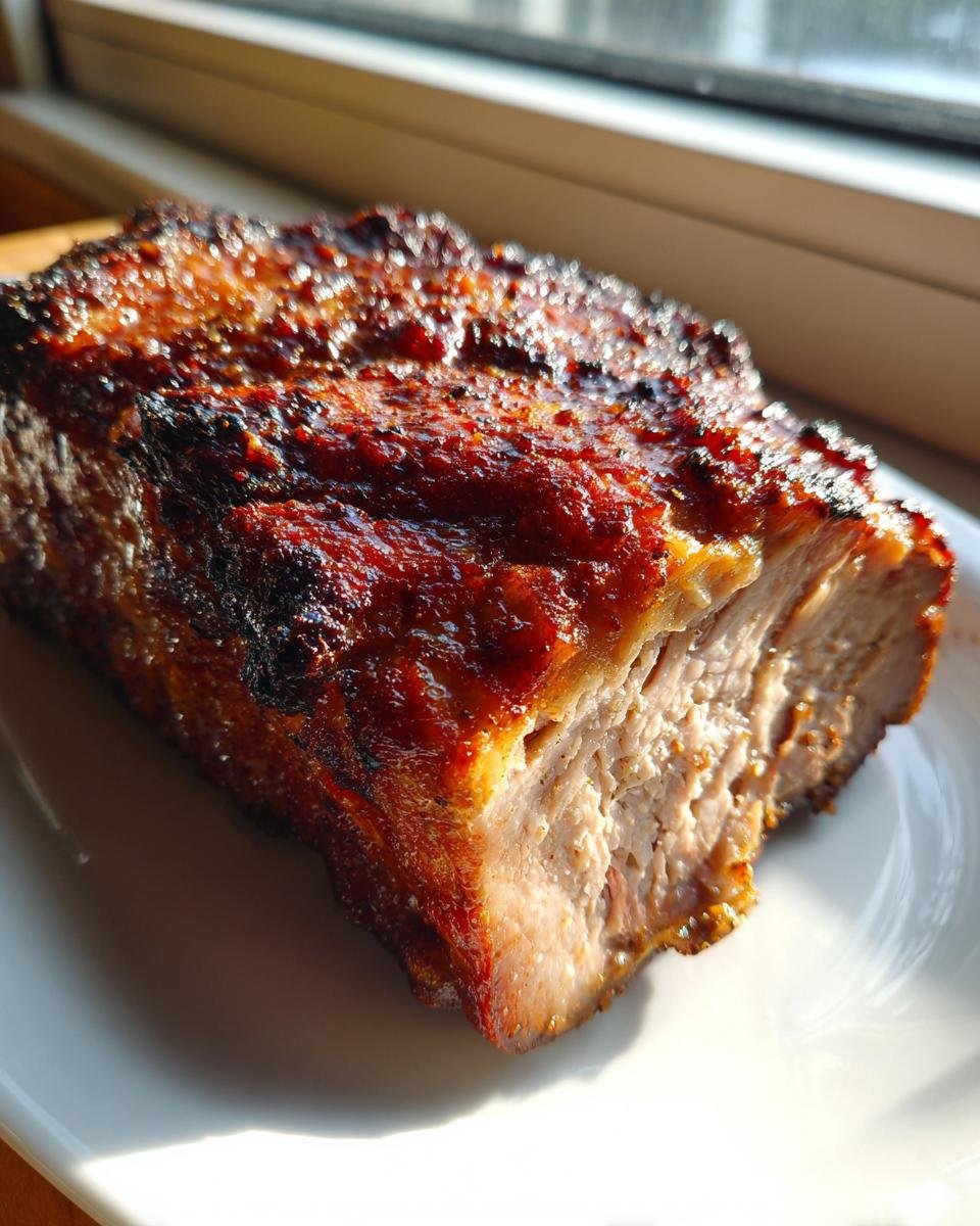 Close-up of a juicy Grilled Pork Roast slice showing a dark, caramelized crust and tender interior.