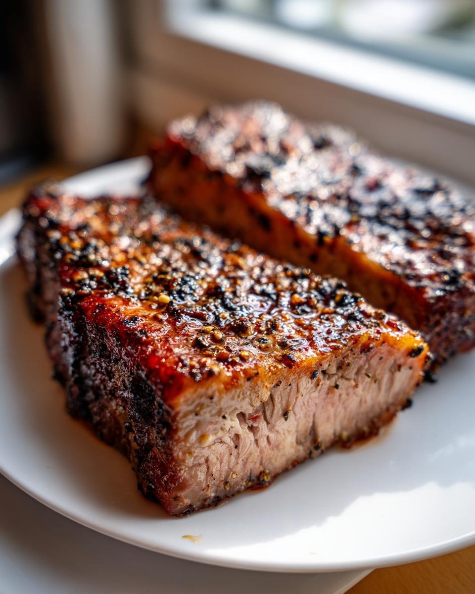Two thick slices of perfectly cooked Grilled Pork Roast showing a juicy interior and a dark, heavily seasoned crust.