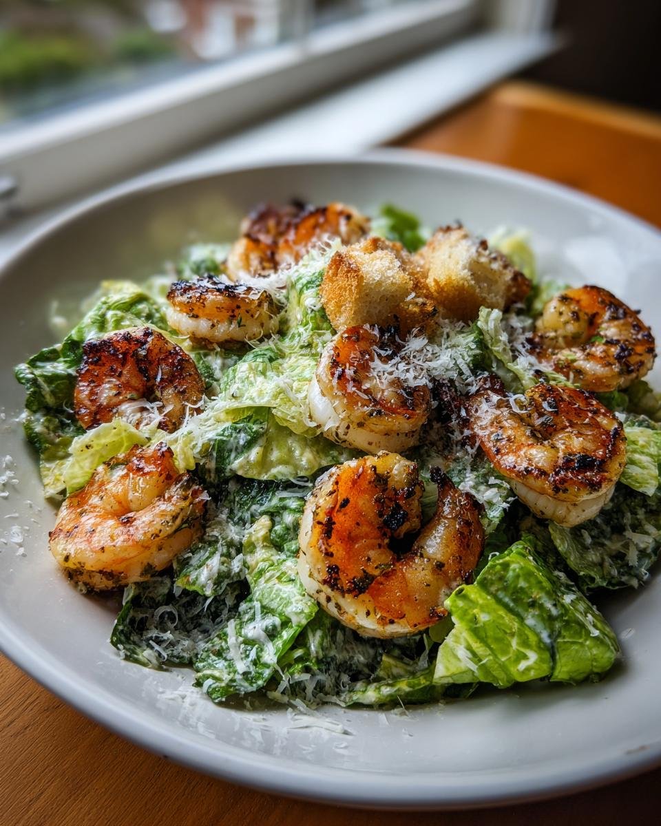 Close-up of a Grilled Shrimp Caesar Salad topped with grilled shrimp, croutons, and grated Parmesan cheese.
