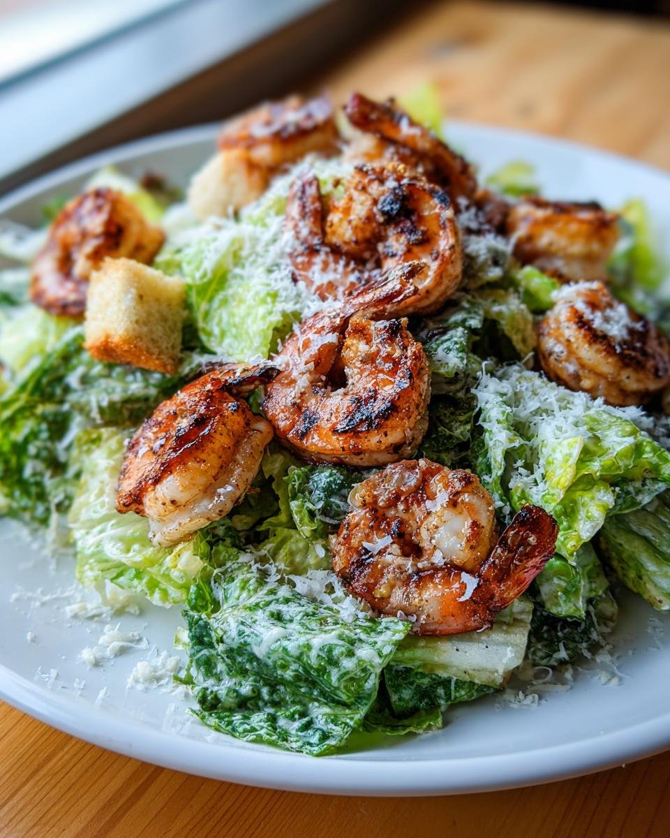 Close-up of a fresh Grilled Shrimp Caesar Salad topped with Parmesan cheese and croutons.