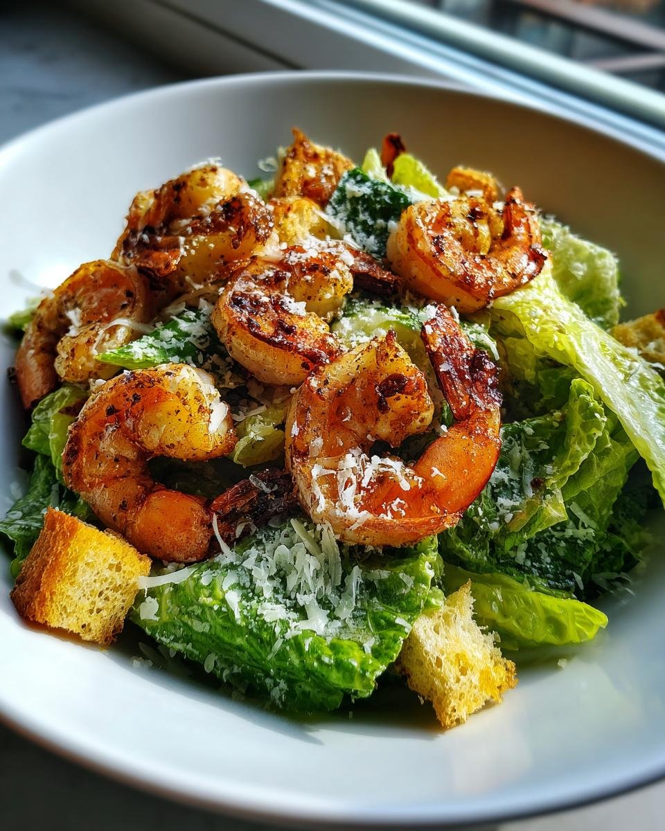 Close-up of a fresh Grilled Shrimp Caesar Salad topped with grated Parmesan cheese and croutons in a white bowl.