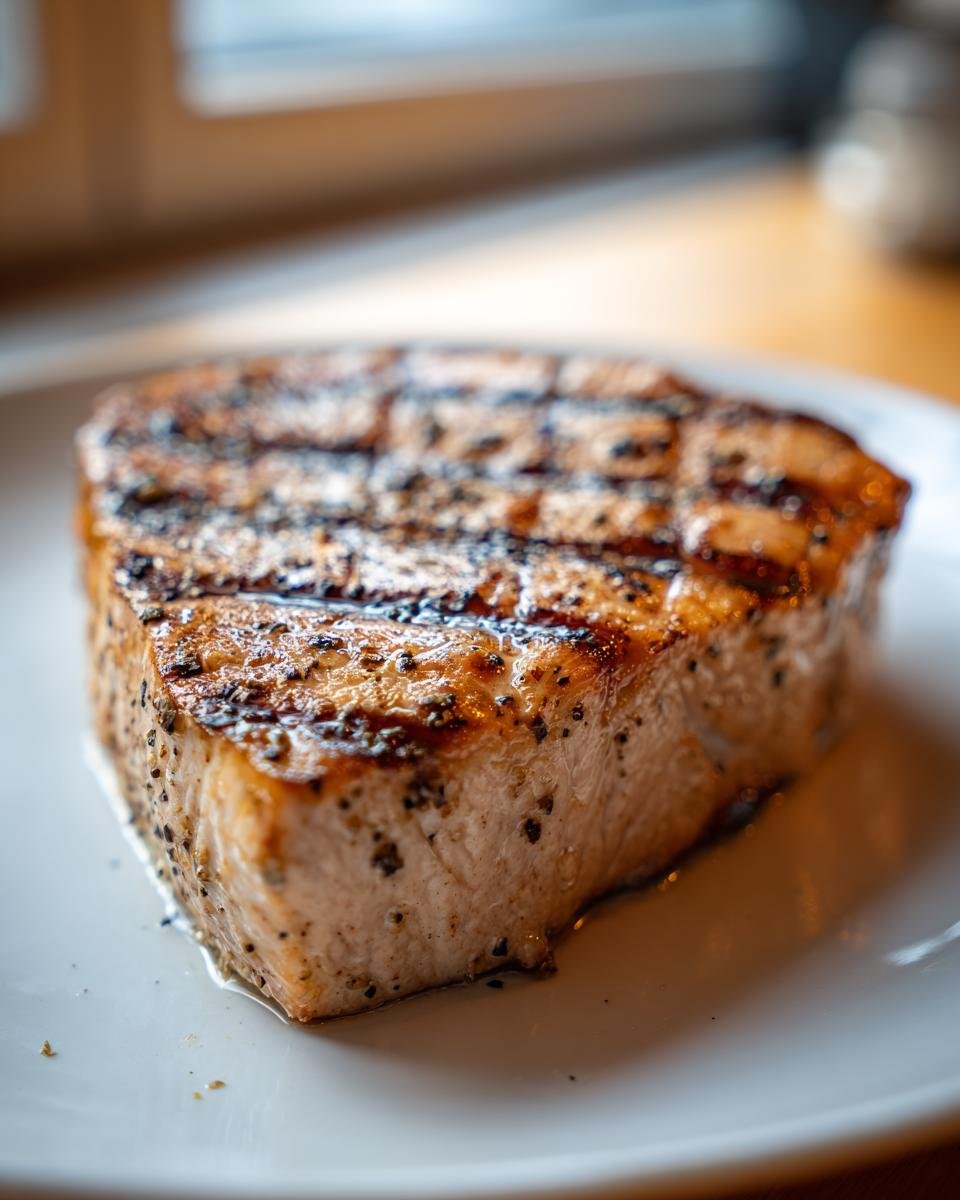 Close-up of a thick, perfectly cooked Grilled Swordfish steak seasoned with black pepper on a white plate.