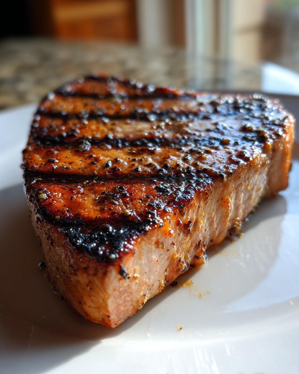 Close-up of a thick, perfectly cooked Grilled Swordfish steak showing distinct char marks and a savory glaze.