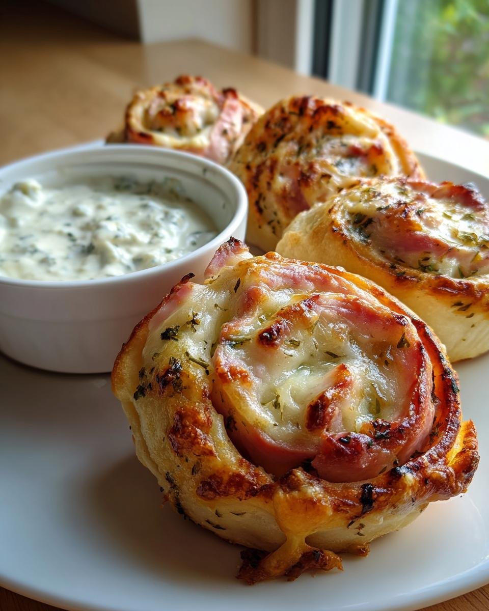 Close-up of baked Ham And Cheese Pinwheels topped with melted cheese and herbs, served next to homemade ranch dip.