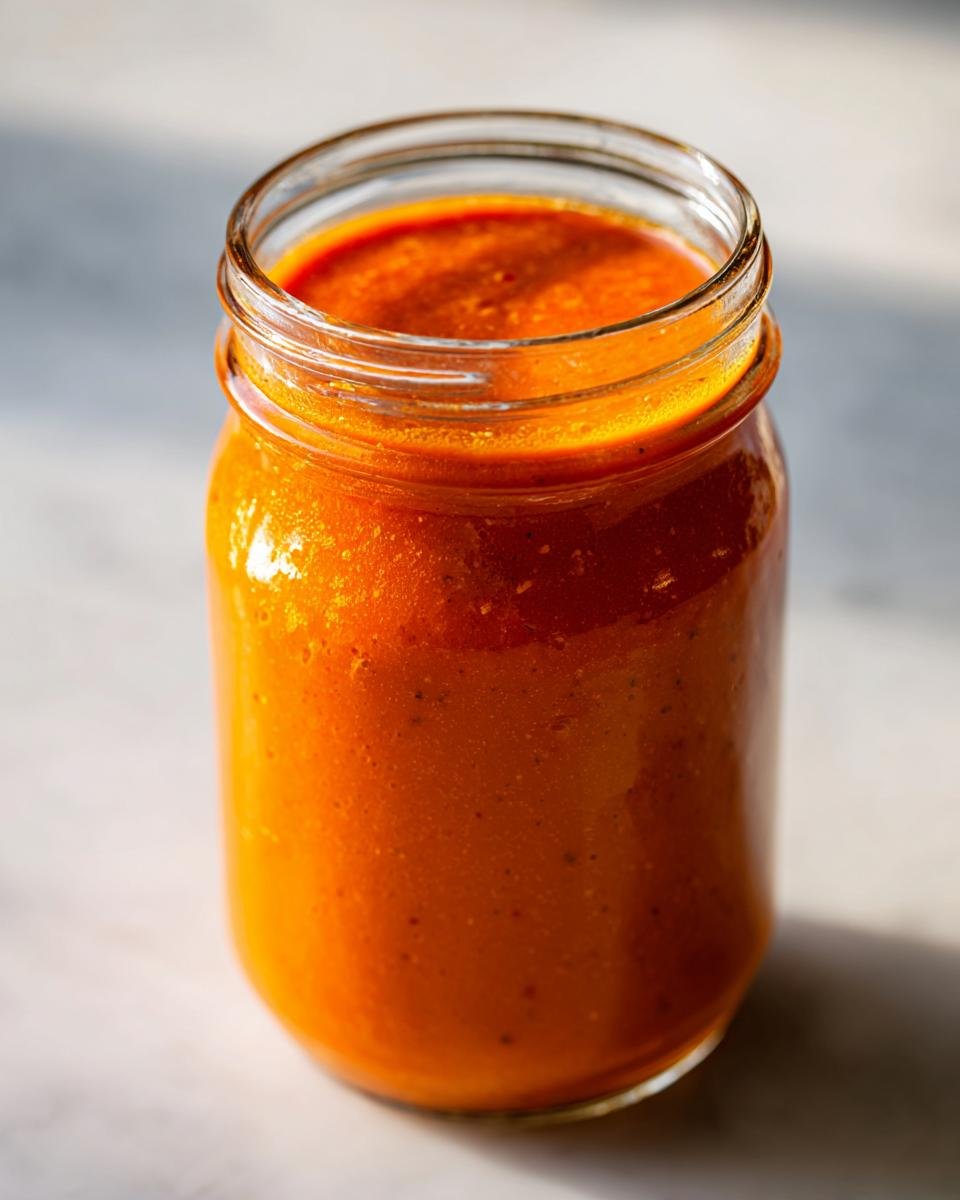 Close-up of bright orange Homemade Catalina Salad Dressing stored in a clear glass jar.