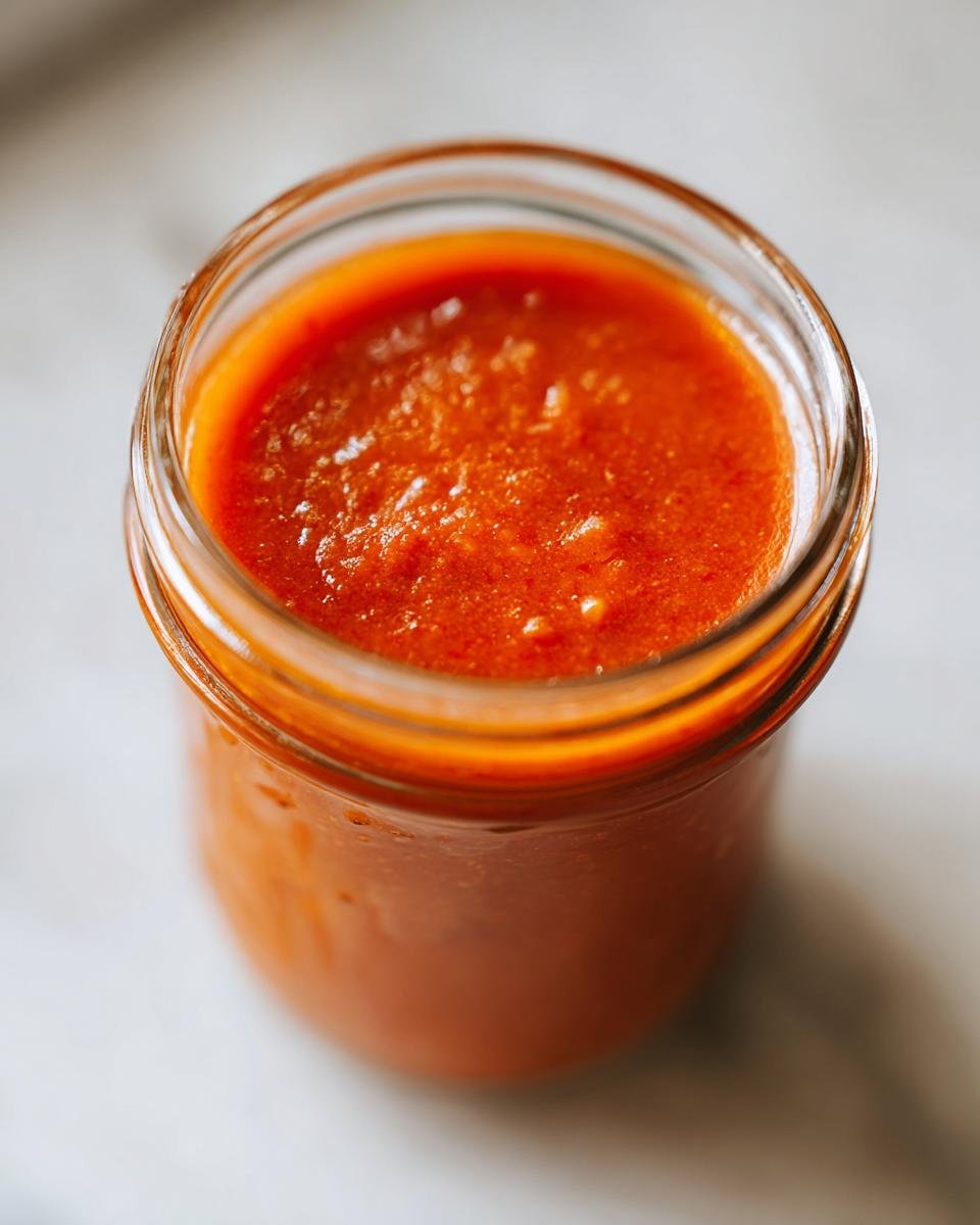 Close-up of a glass jar filled with vibrant orange-red Homemade Catalina Salad Dressing.