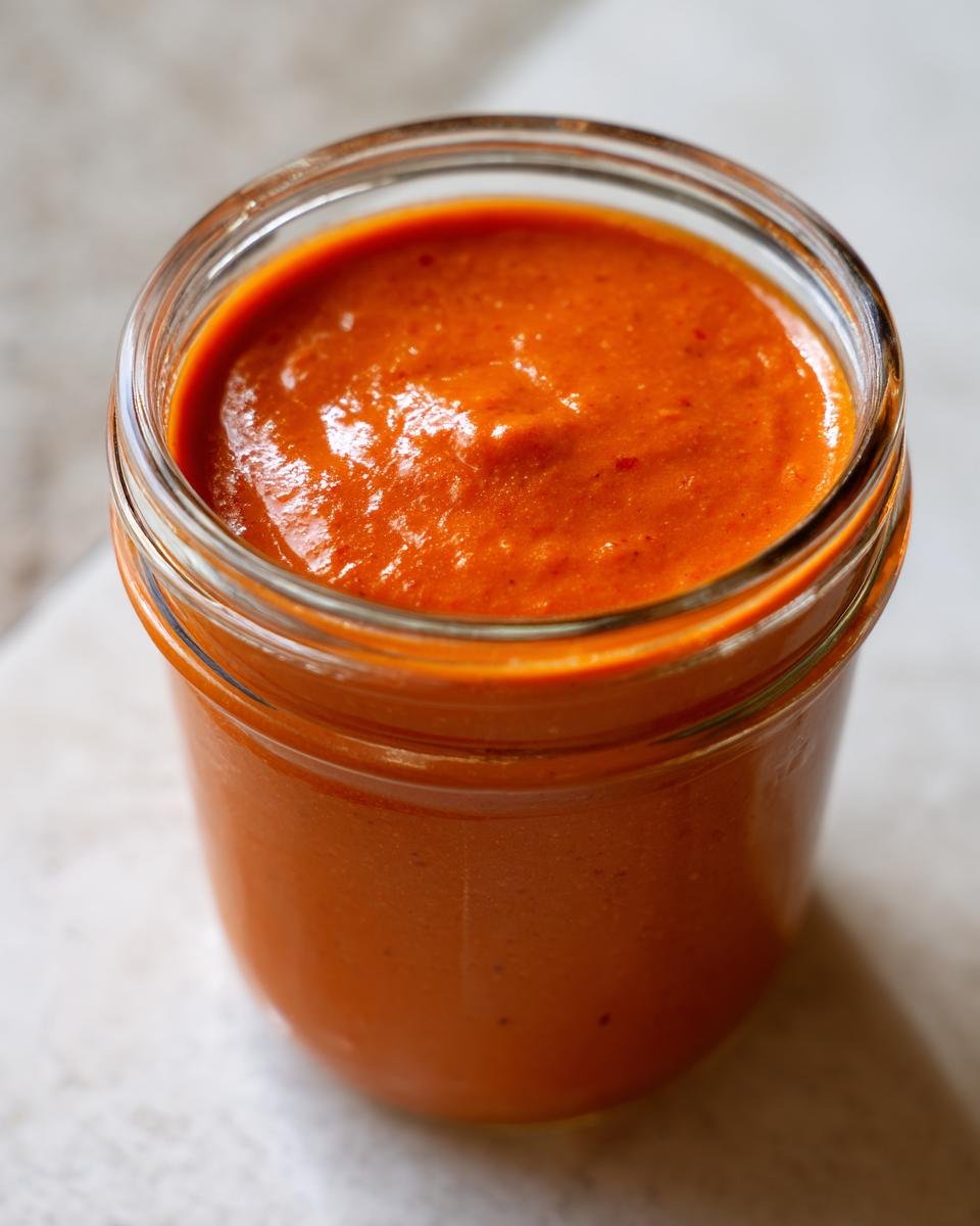 Close-up of vibrant orange-red Homemade Catalina Salad Dressing filling a small glass jar.