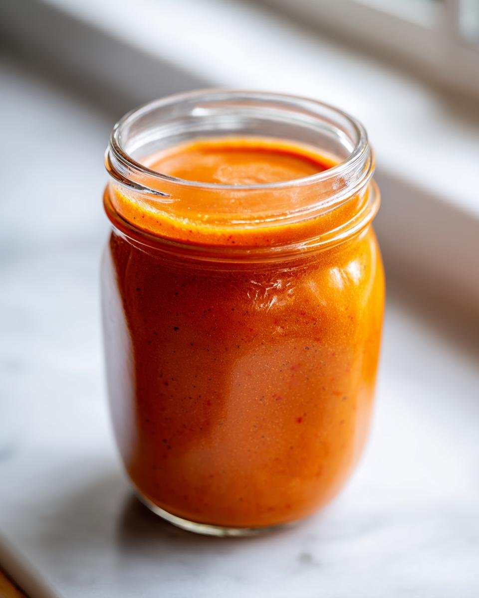 Close-up of vibrant orange Homemade Catalina Salad Dressing stored in a small glass mason jar.