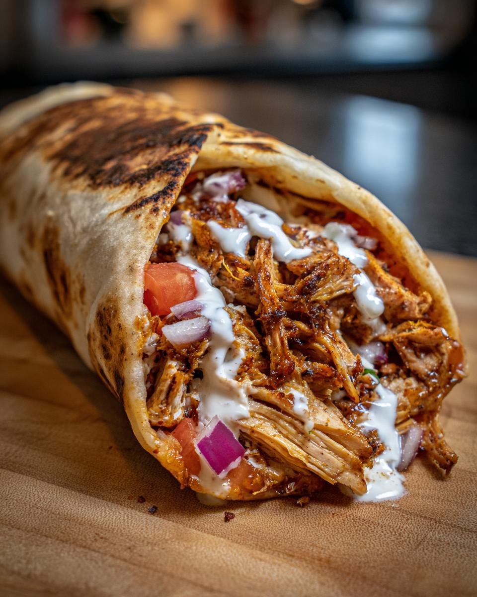 Close-up of a grilled flatbread filled with seasoned Chicken Shawarma, red onion, tomato, and drizzled with white sauce.