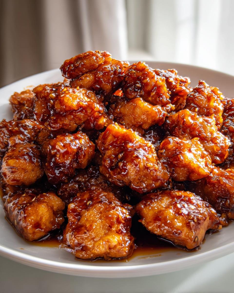 A mound of crispy chicken pieces coated in a thick, shiny Honey Garlic Chicken glaze served on a white plate.