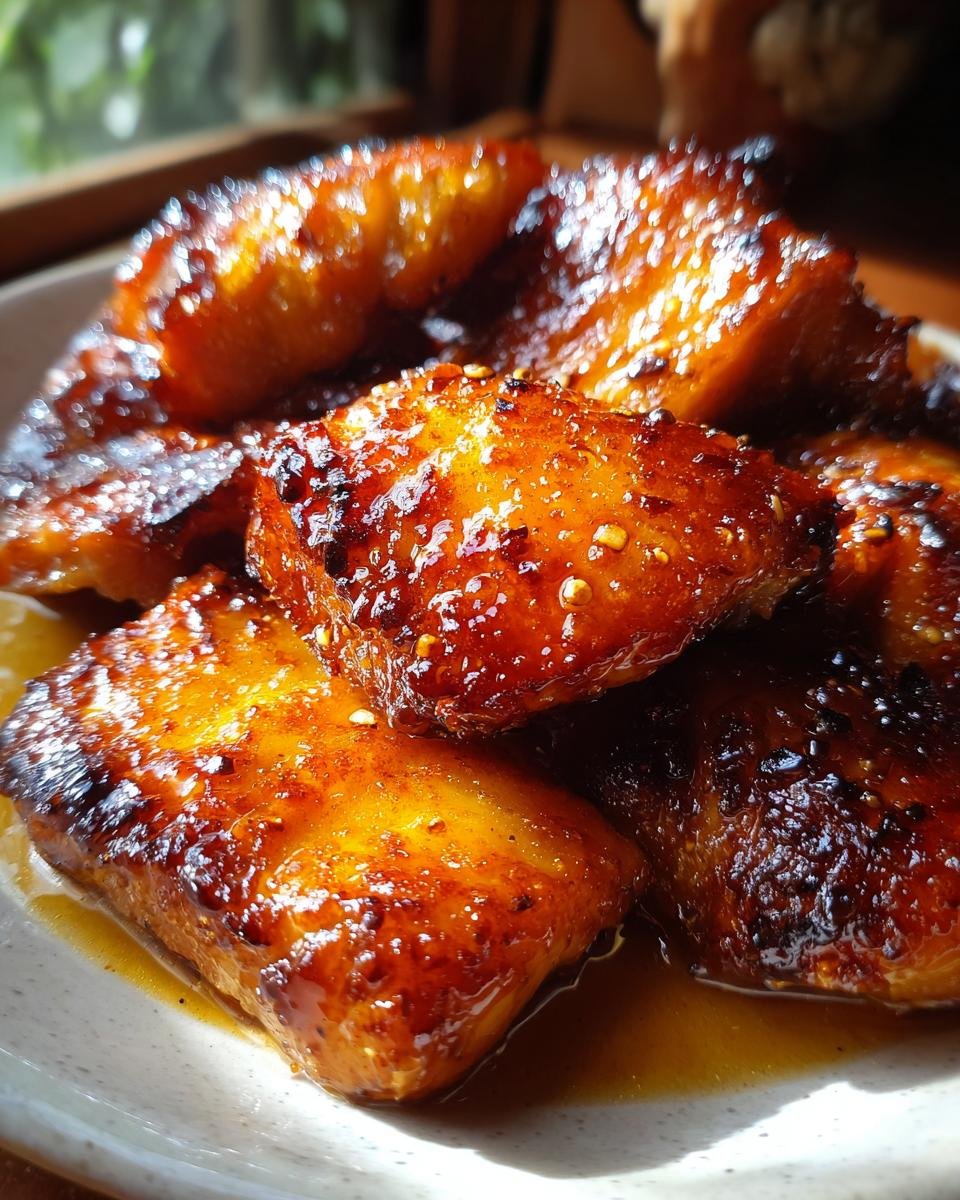 Close-up of glistening, caramelized pieces of Hot Honey Chicken coated in a sticky, spicy glaze.