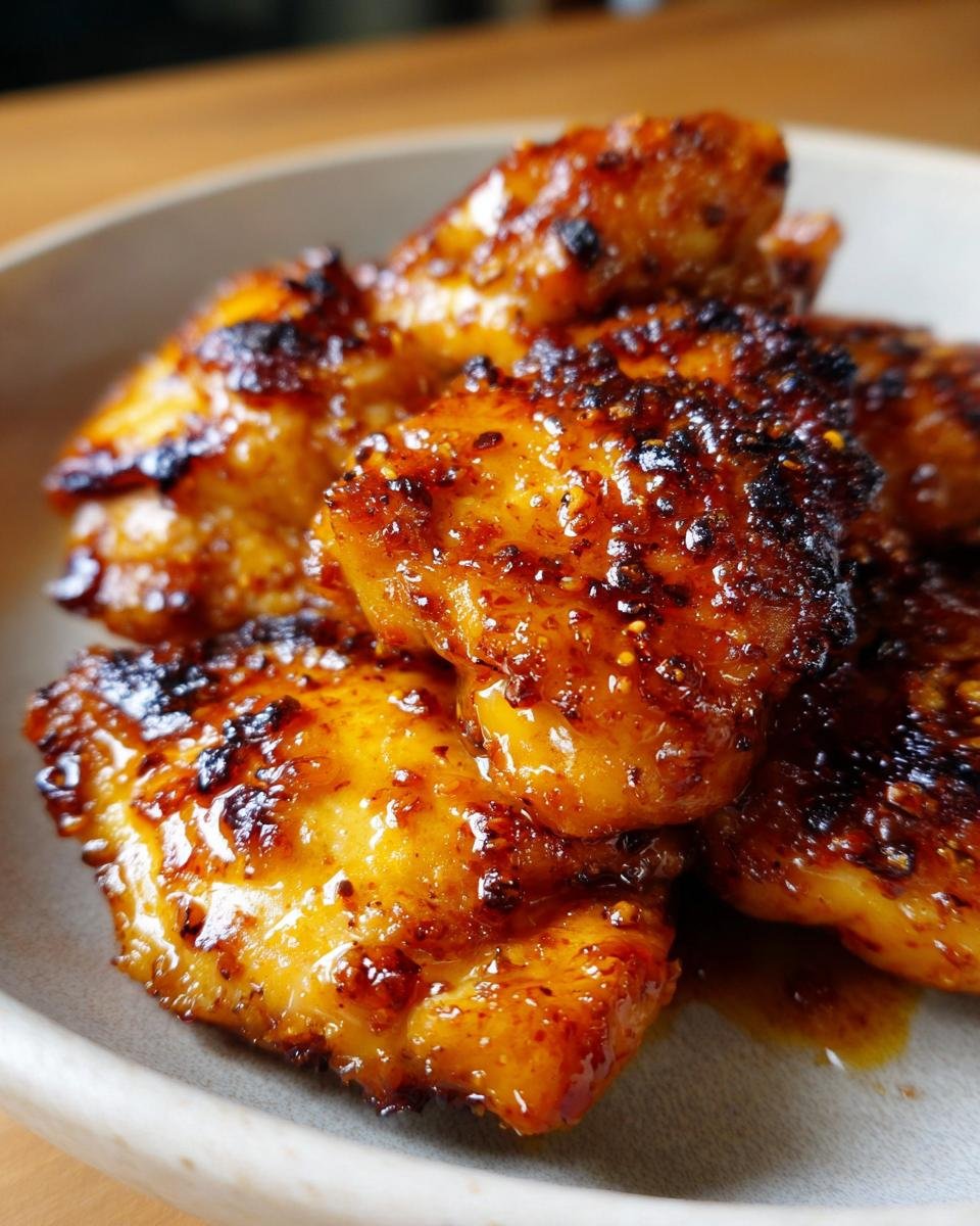 Close-up of several pieces of glistening, caramelized Hot Honey Chicken coated in a sticky, spicy glaze.