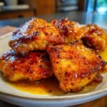 Close-up of several pieces of glistening Hot Honey Chicken coated in a sticky, orange-red glaze.