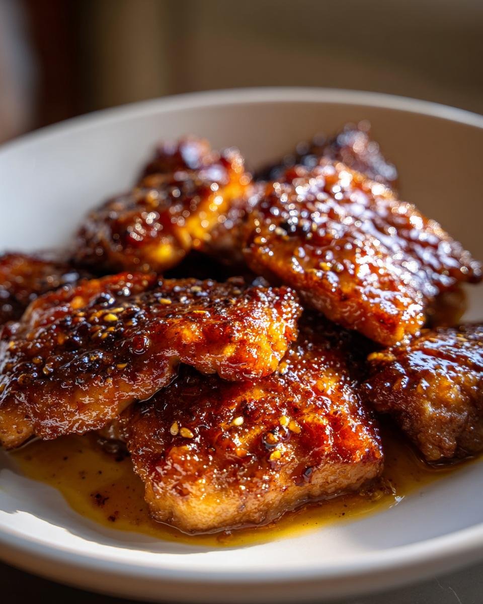 Close-up of glistening, glazed pieces of Hot Honey Chicken piled in a light-colored bowl.