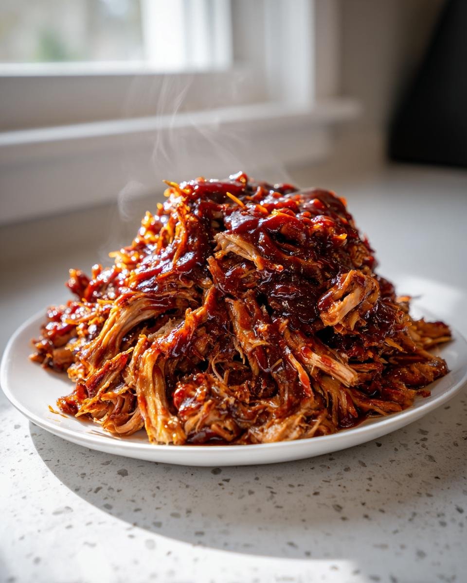 A large pile of steaming, saucy Instant Pot Barbecue Pulled Pork served on a white plate.