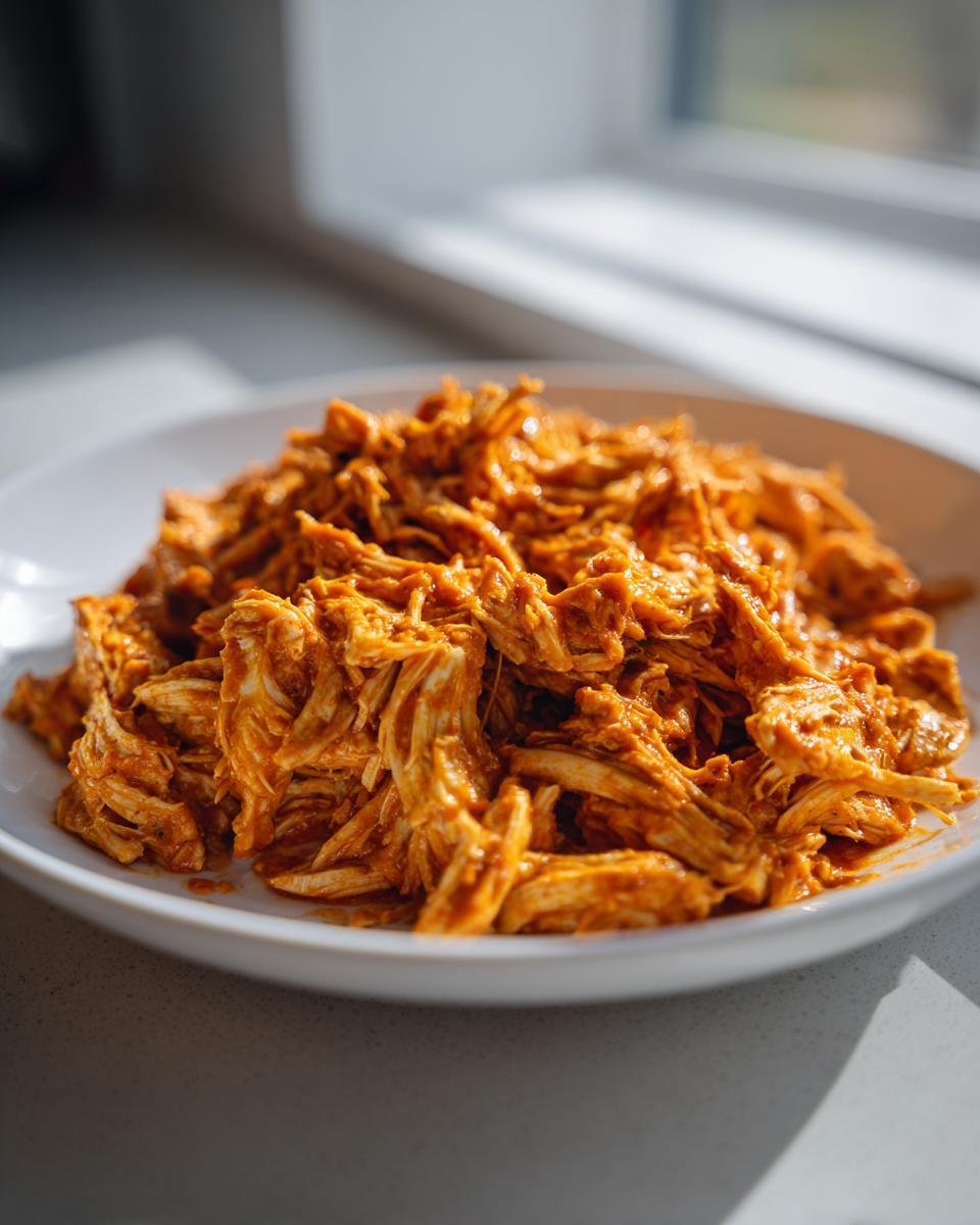 Close-up of shredded, saucy Instant Pot Chicken Tinga piled high on a white plate near a window.