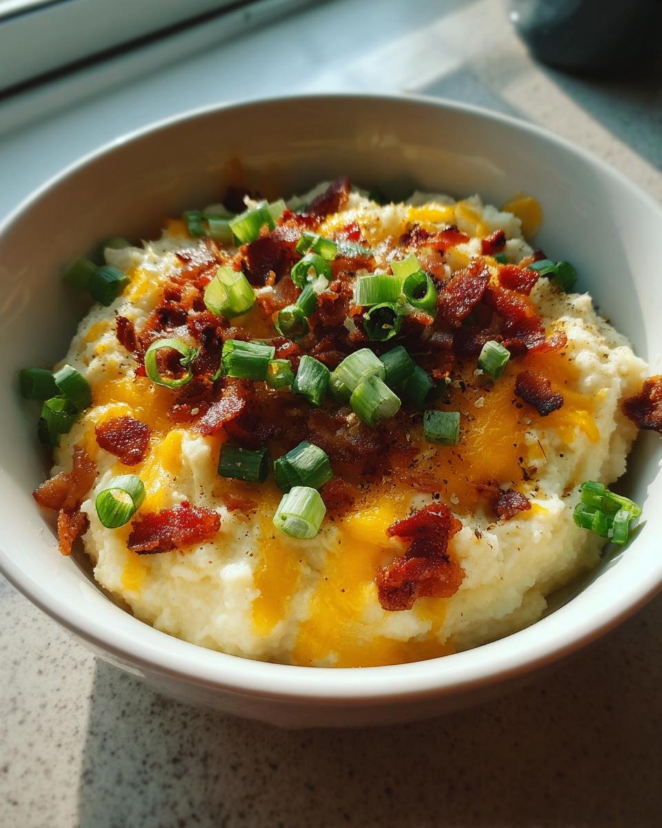 A close-up of Instant Pot Loaded Mashed Cauliflower topped with melted cheddar, bacon bits, and green onions.