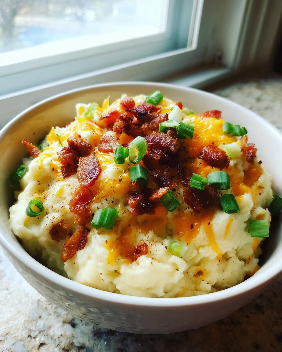 A close-up of Instant Pot Loaded Mashed Cauliflower topped with cheddar cheese, bacon bits, and green onions.