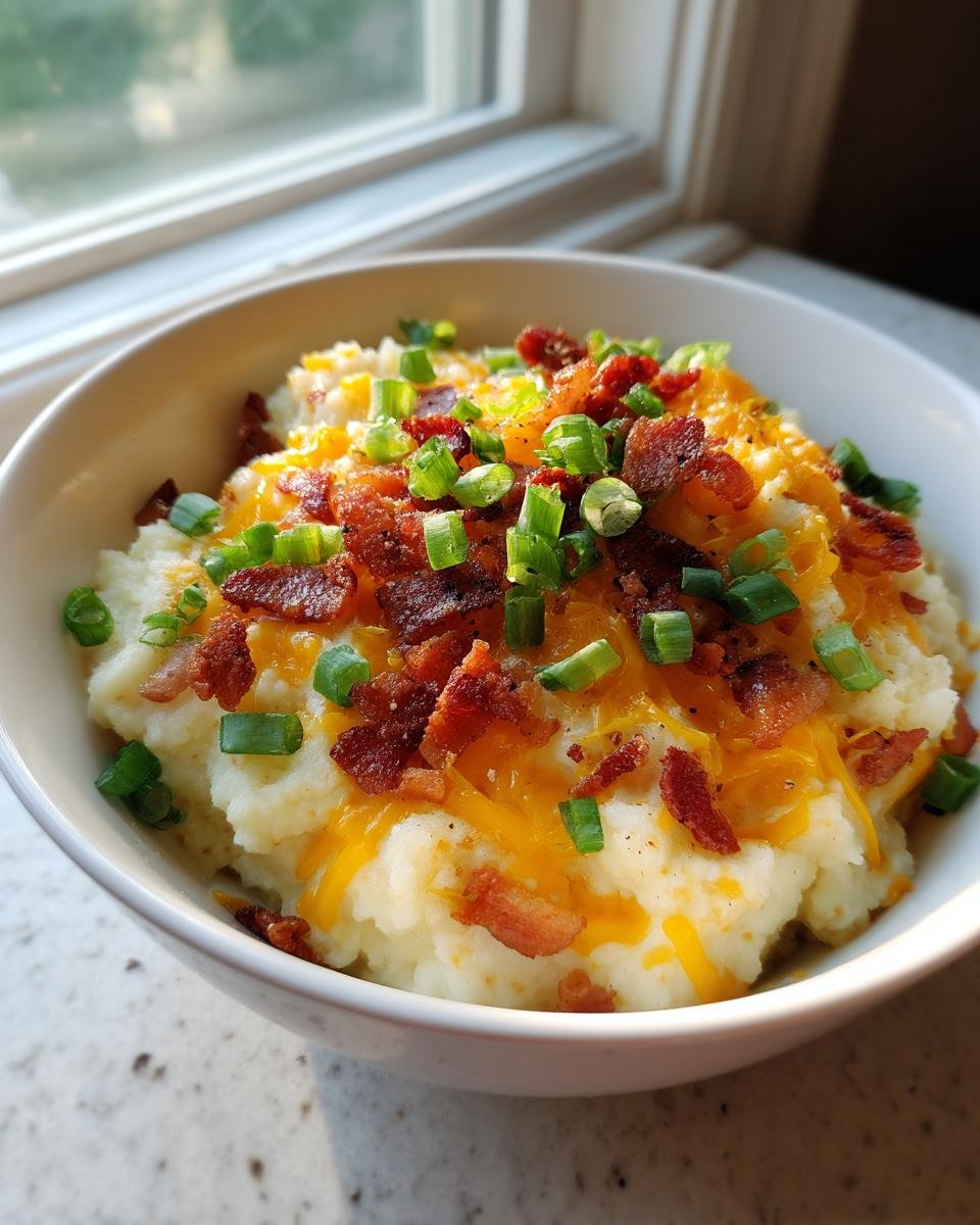 Close-up of Instant Pot Loaded Mashed Cauliflower topped with melted cheddar cheese, bacon bits, and green onions.