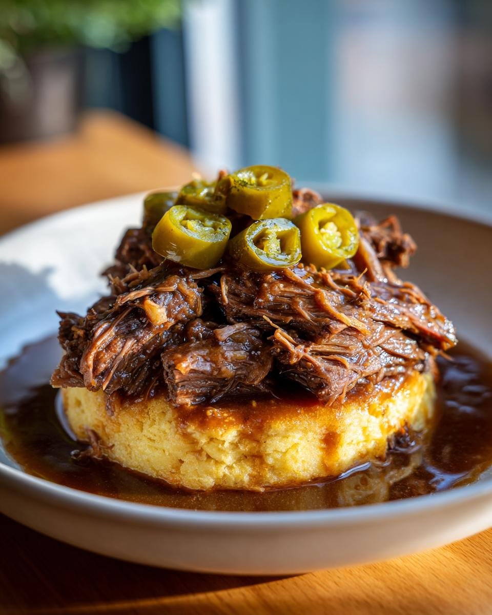 Shredded Instant Pot Mississippi Pot Roast served over a round of polenta and topped with pickled jalape&ntilde;o slices.