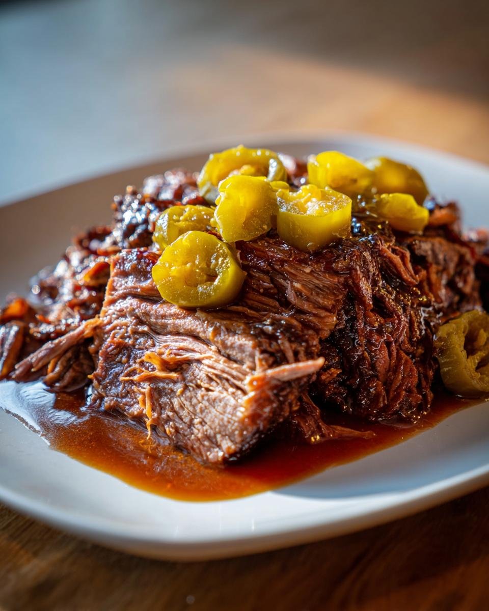 A close-up of tender, shredded Instant Pot Mississippi Pot Roast served in its rich jus and topped with bright yellow pepperoncini slices.