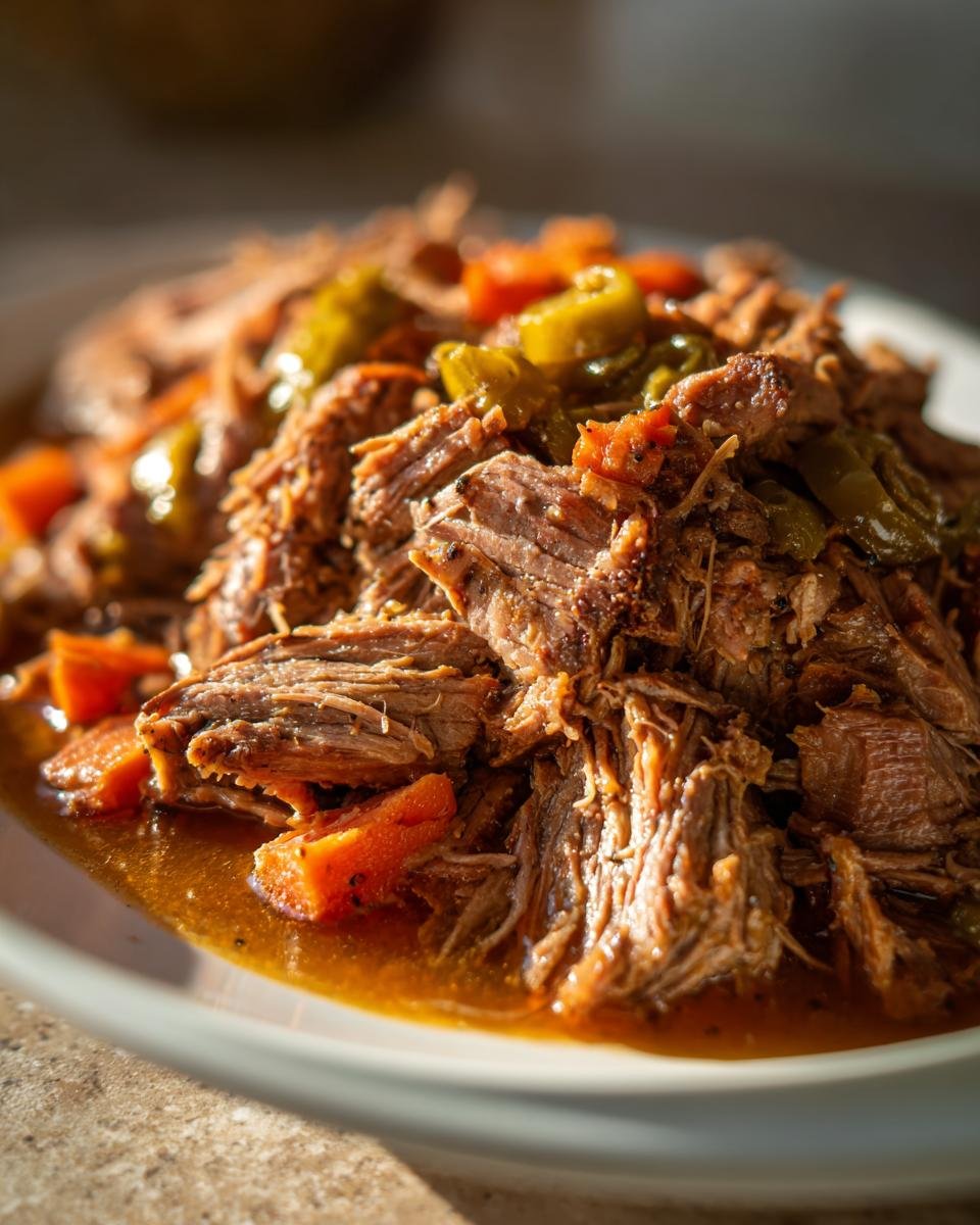 Close-up of tender, shredded Instant Pot Mississippi Pot Roast served with carrots and pepperoncini peppers in savory juices.
