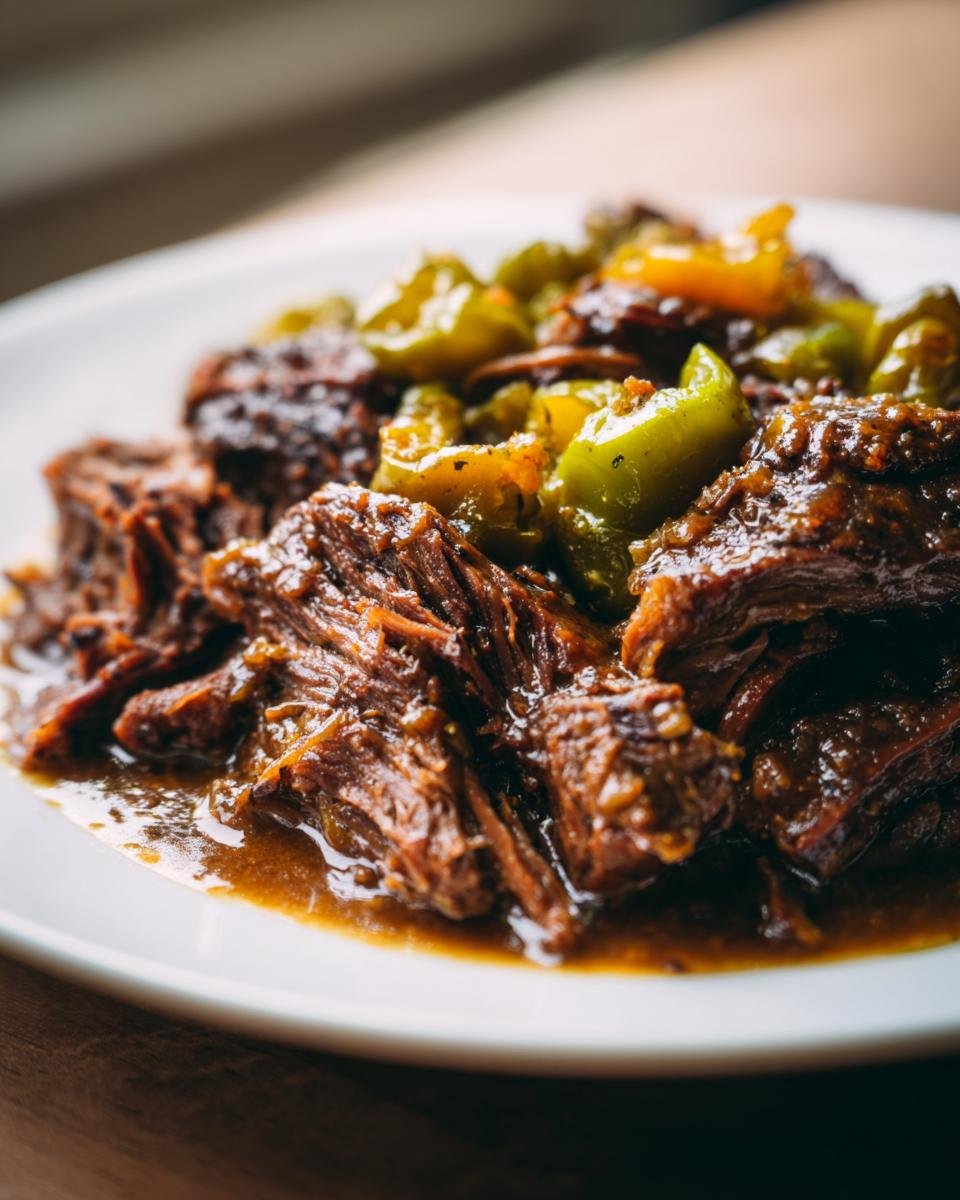 Close-up of tender, shredded Instant Pot Mississippi Pot Roast covered in rich gravy and topped with green peppers.