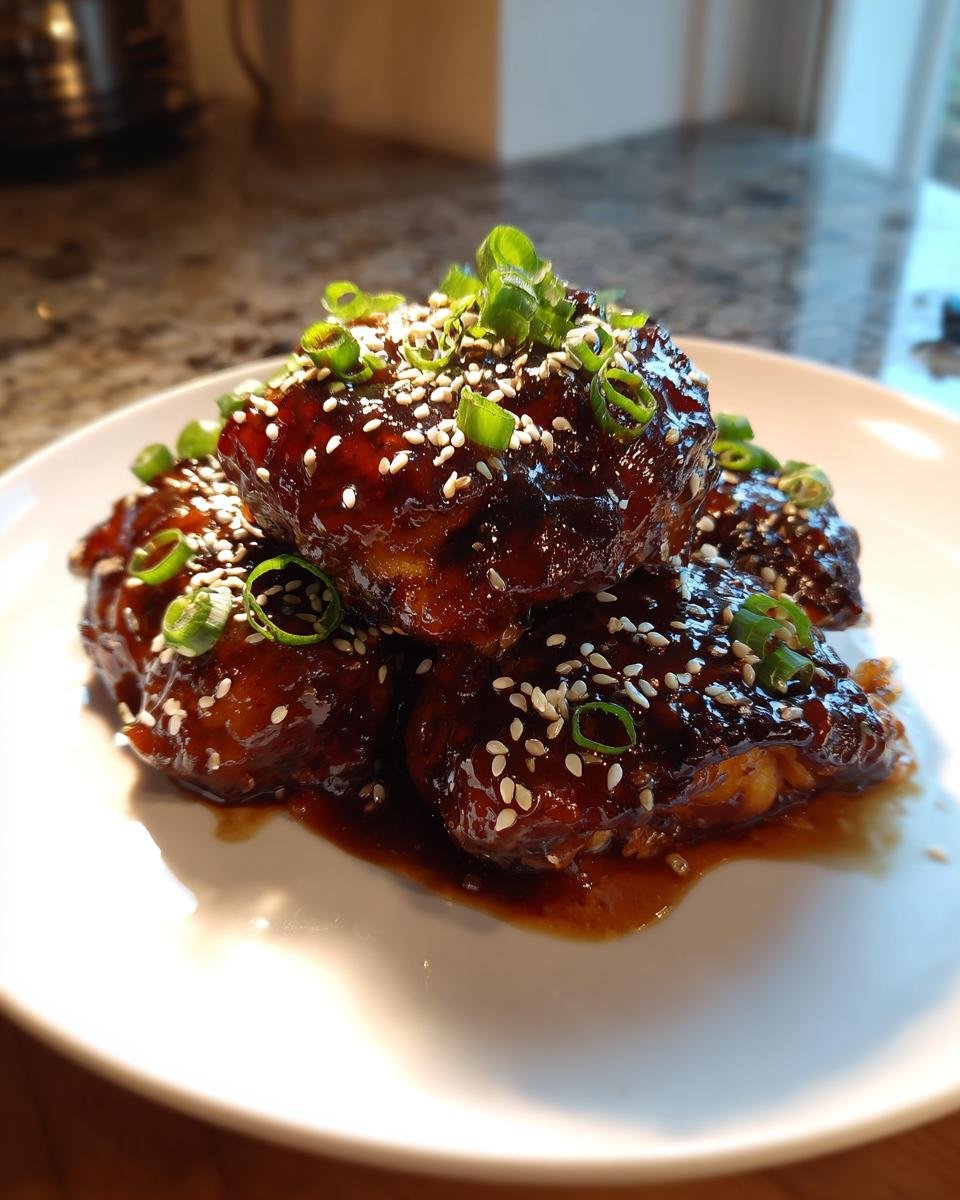 A stack of glossy, glazed Instant Pot Sticky Chicken Thighs topped with sesame seeds and sliced green onions.
