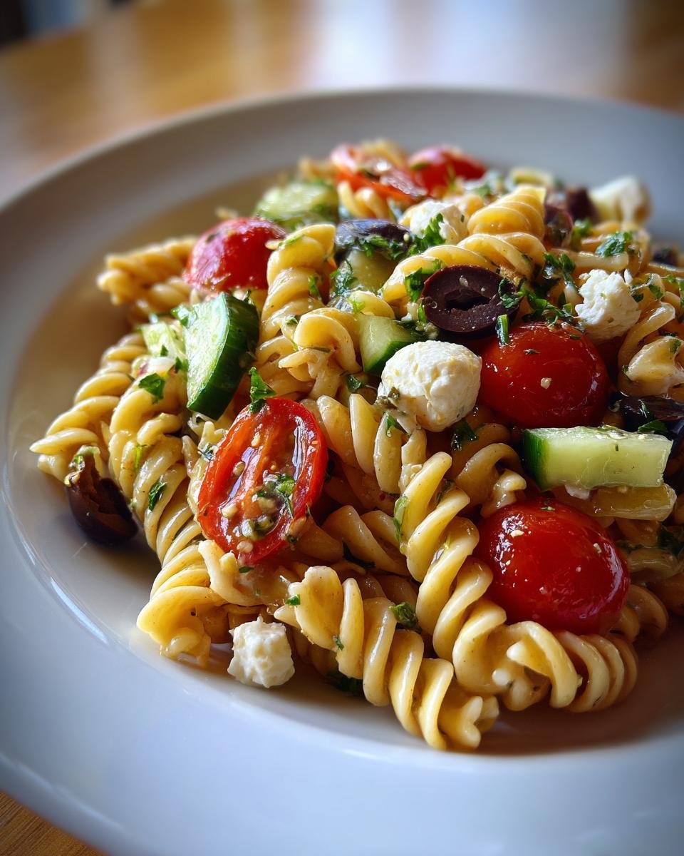 A close-up shot of a serving of Italian Pasta Salad featuring rotini pasta, cherry tomatoes, cucumber, olives, and mozzarella balls.
