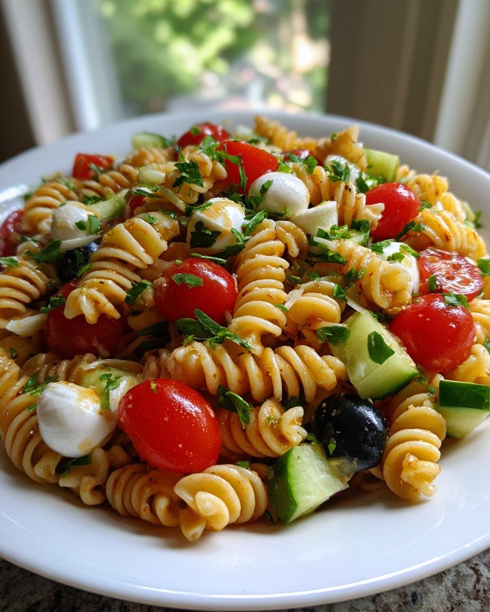 Close-up of a bowl of vibrant Italian Pasta Salad featuring rotini pasta, cherry tomatoes, mozzarella balls, and cucumbers.