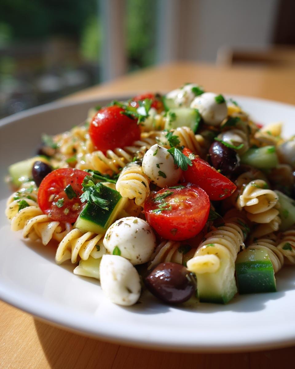 A vibrant serving of Italian Pasta Salad featuring rotini pasta, cherry tomatoes, mozzarella balls, olives, and cucumber.