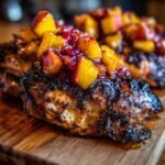 Close-up of perfectly charred Jamaican Jerk Chicken topped with a vibrant stone fruit sauce.