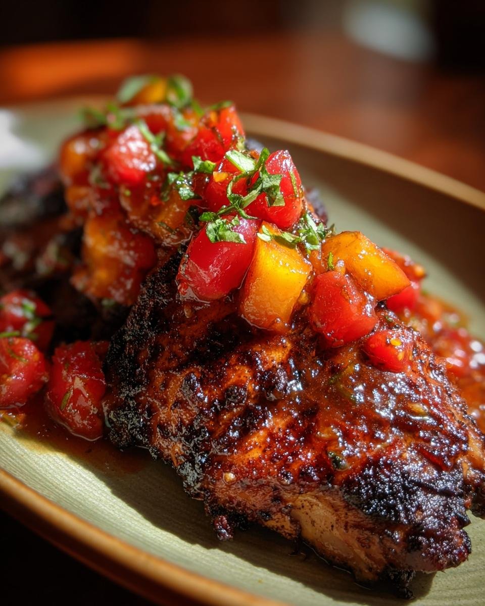 Close-up of richly seasoned Jamaican Jerk Chicken topped with a vibrant stone fruit and tomato salsa.