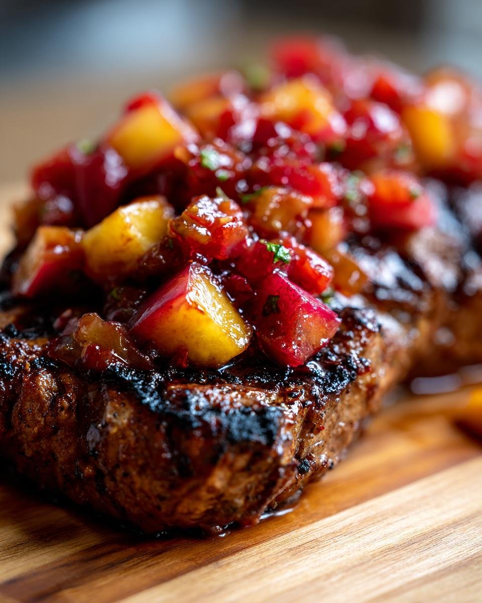 Close-up of grilled Jamaican Jerk Chicken topped with a vibrant, chunky stone fruit sauce.