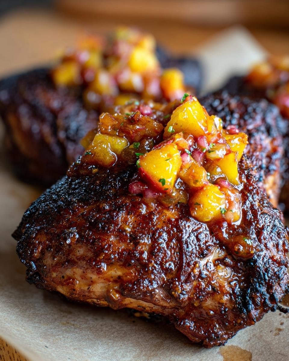 Close-up of perfectly cooked Jamaican Jerk Chicken topped with vibrant stone fruit sauce.