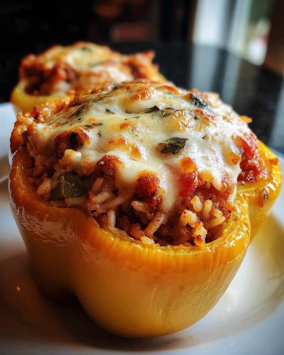 Close-up of a baked yellow bell pepper filled with Jambalaya Stuffed Peppers mix and topped with melted, bubbly cheese.