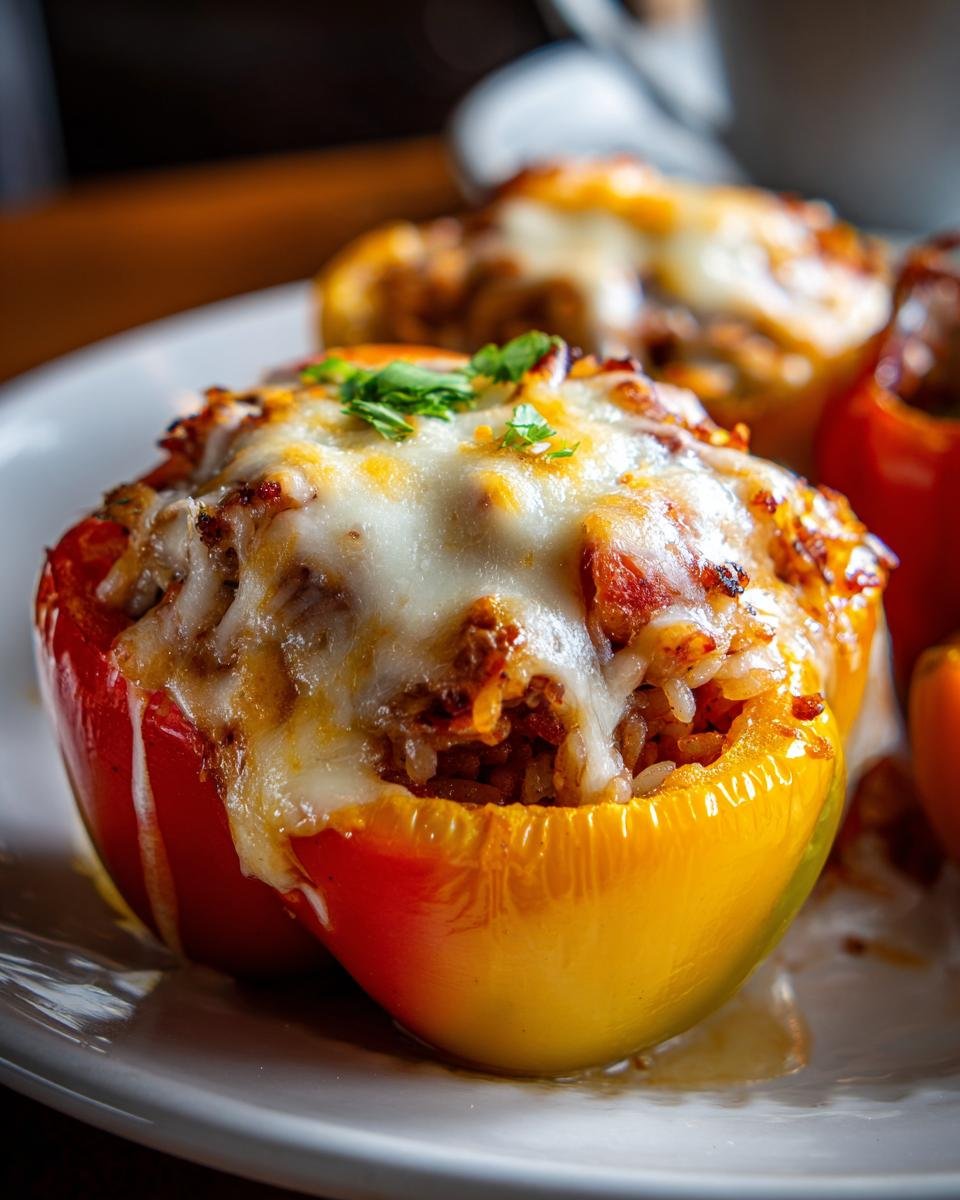 Close-up of a vibrant Jambalaya Stuffed Peppers half, topped with melted white cheese and parsley.