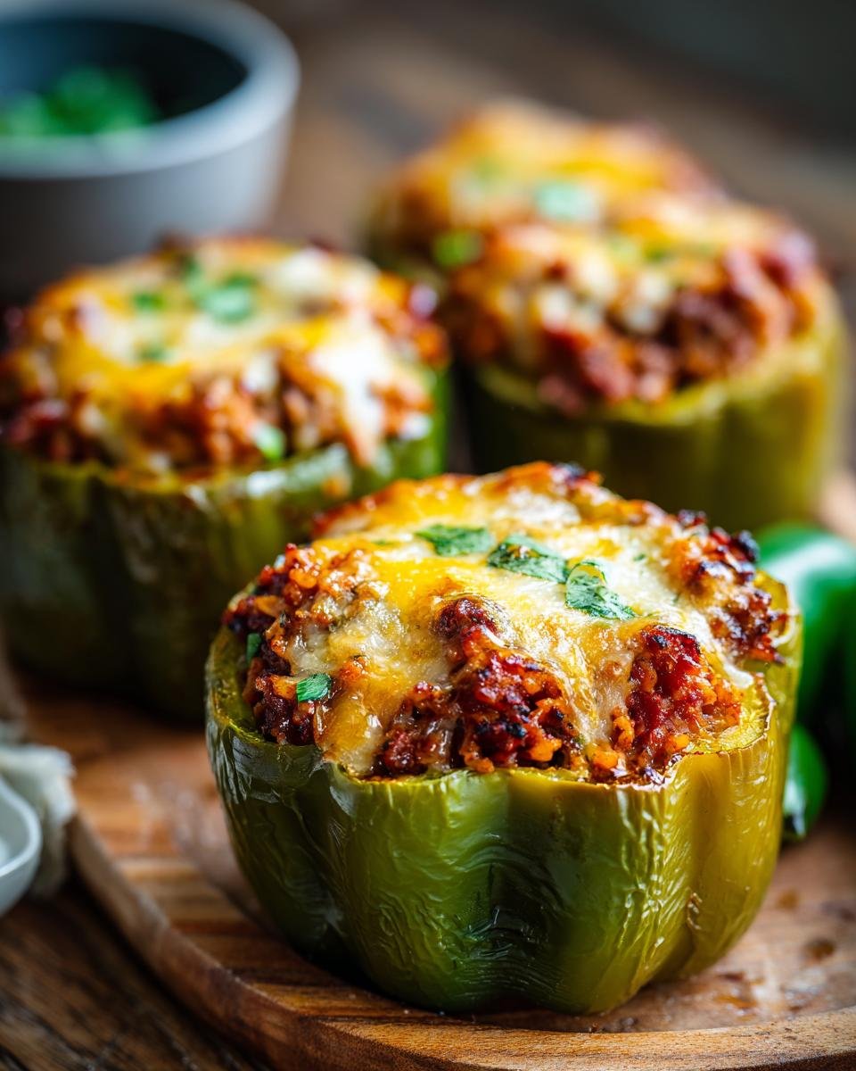 Close-up of baked green Jambalaya Stuffed Peppers topped with melted golden cheese and parsley.