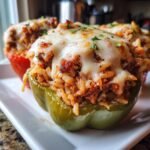 Close-up of green and red Jambalaya Stuffed Peppers topped with melted white cheese and parsley.