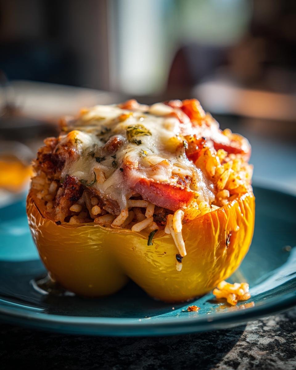 A close-up of one yellow Jambalaya Stuffed Peppers topped with melted cheese and herbs.