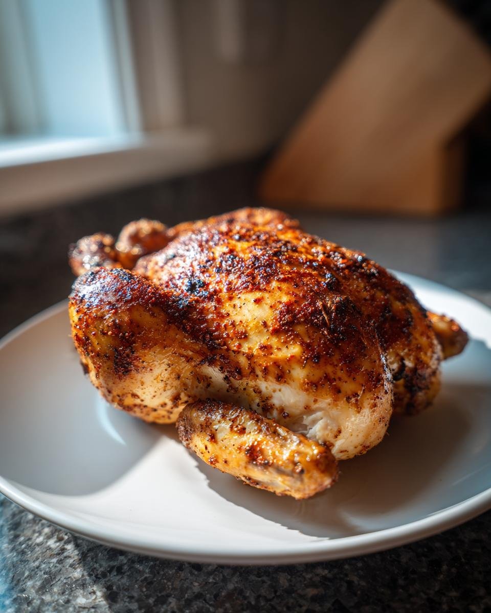 A perfectly cooked Air Fryer Cornish Hen with beautifully browned, seasoned skin resting on a white plate.