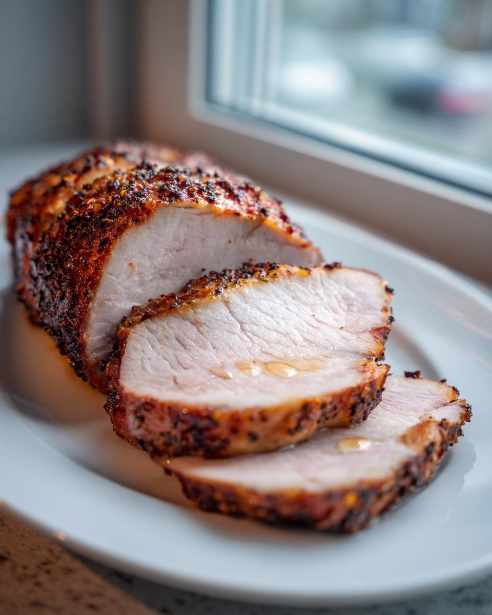 Close-up of a juicy Air Fryer Pork Tenderloin, sliced to show the perfectly cooked interior and seasoned crust.