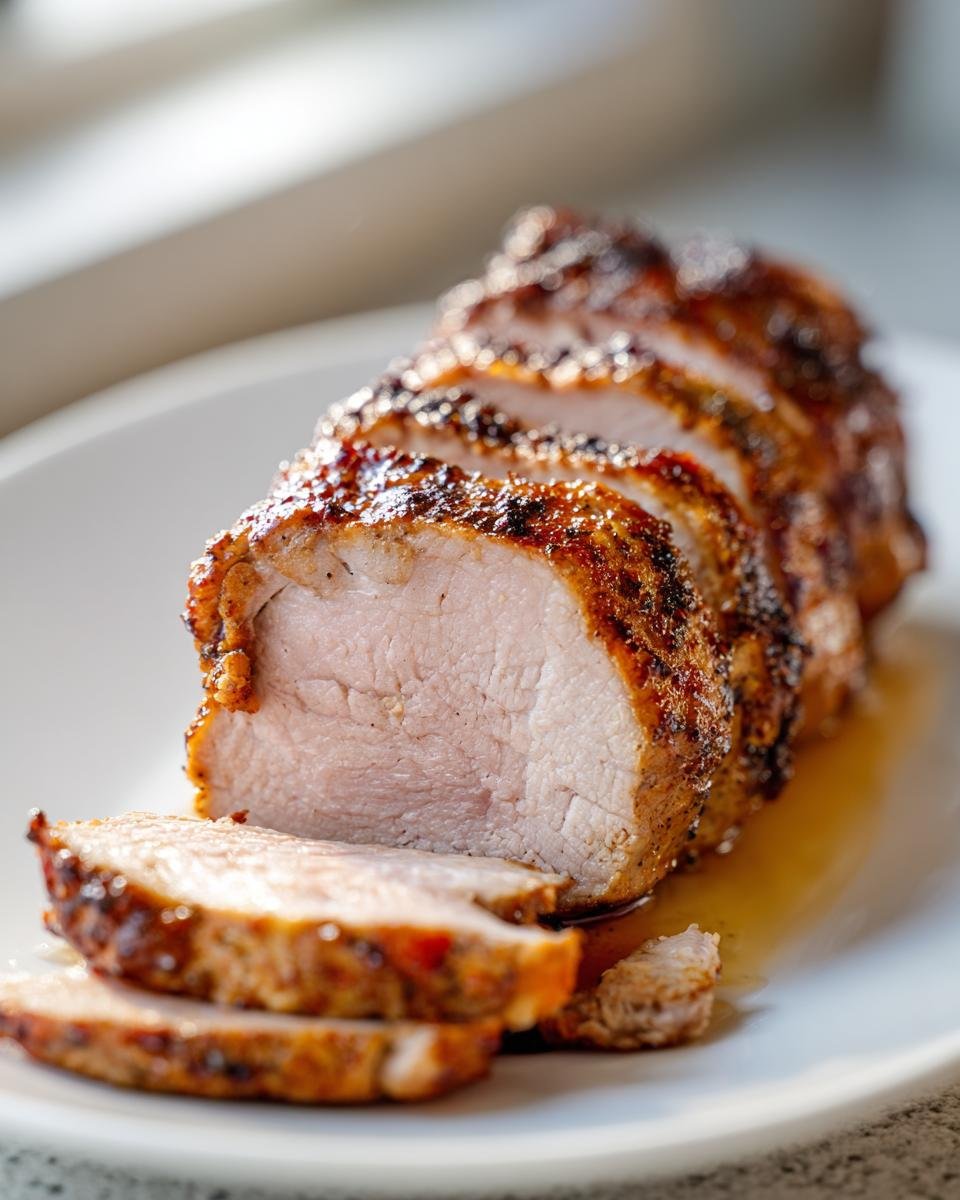 A perfectly cooked and sliced Air Fryer Pork Tenderloin showing juicy pink interior and caramelized crust.