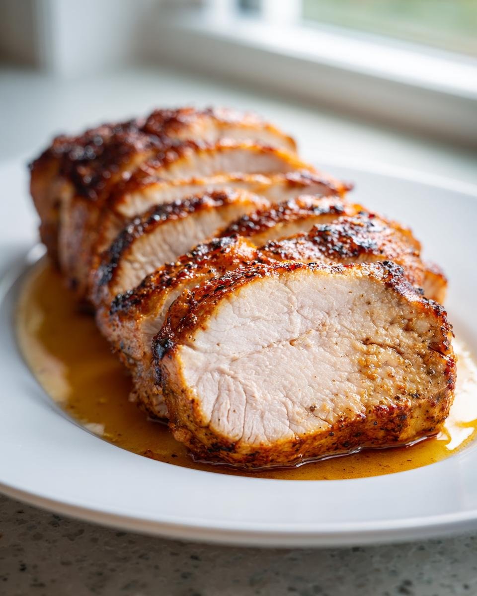 Close-up of a perfectly cooked Air Fryer Pork Tenderloin, sliced and resting in its juices on a white plate.